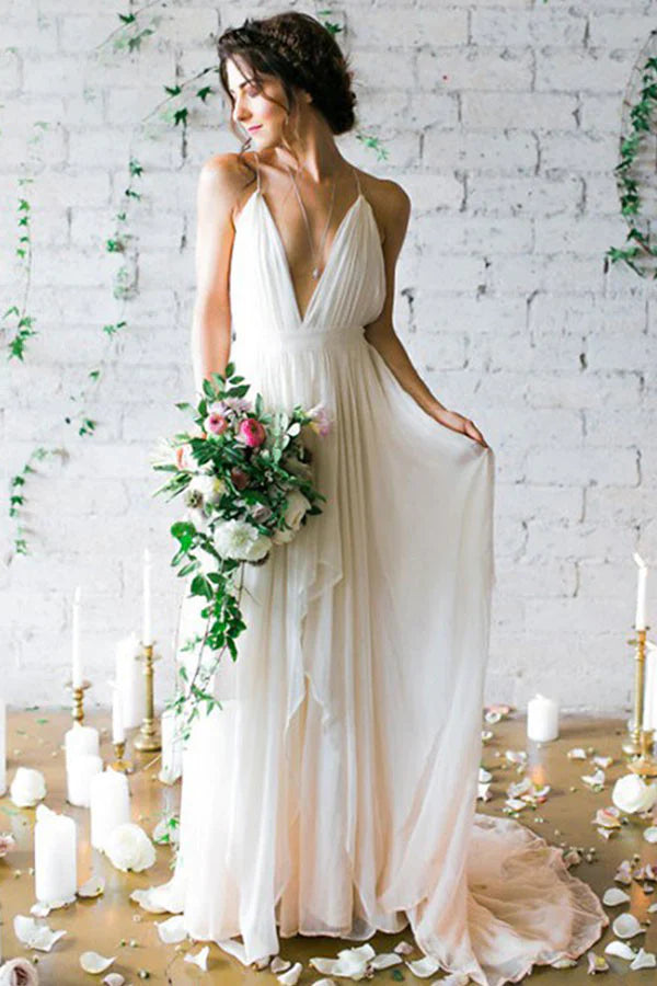 Vestidos formales de mujer sexys de corte A con escote en V profundo, espalda descubierta, de gasa, estilo bohemio, con pliegues / Tienda de vestidos de fiesta